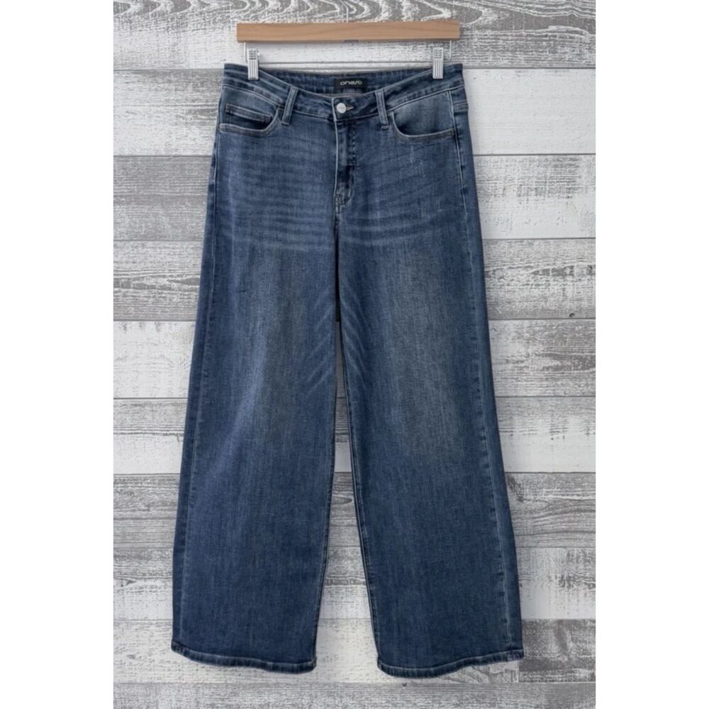 Oneso Wide Leg High Rise Jeans Women's Sz 31 Whiskered Blue Denim Stretch